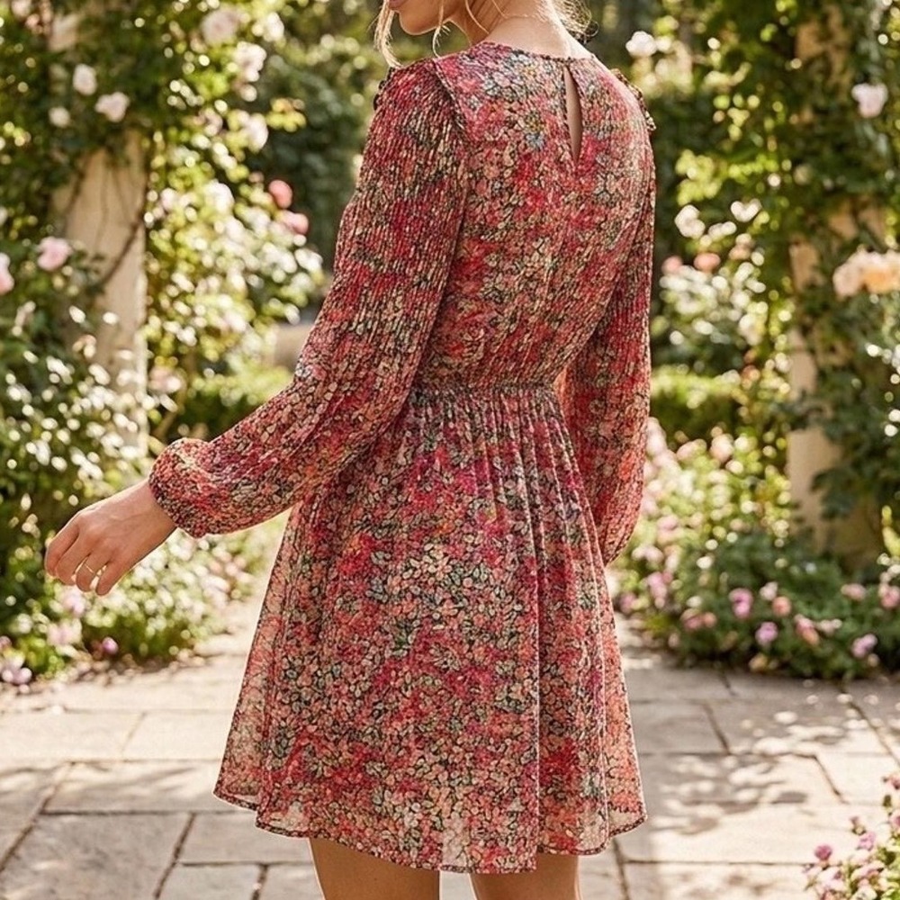 Pleated Sleeve Floral Mini Dress Red Pink XS Fairycore Boho Autumn Wedding Guest